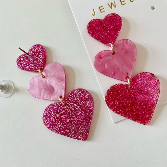 Hot Pink, Acrylic Sparkle Heart, 3 Tiered,  Pierced Earrings, 2 1/2” drop, NWT - Picture 4 of 4